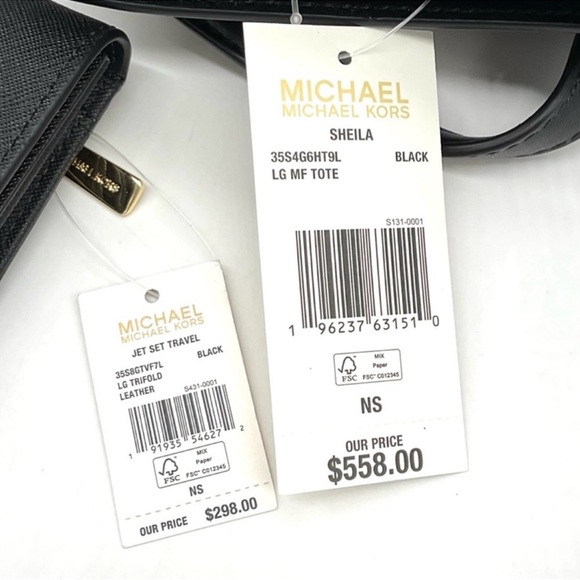 Michael Kors Bag Large Sheila Mf Tote Bag & Large Trifold Wallet Black/Gold - Picture 14 of 14